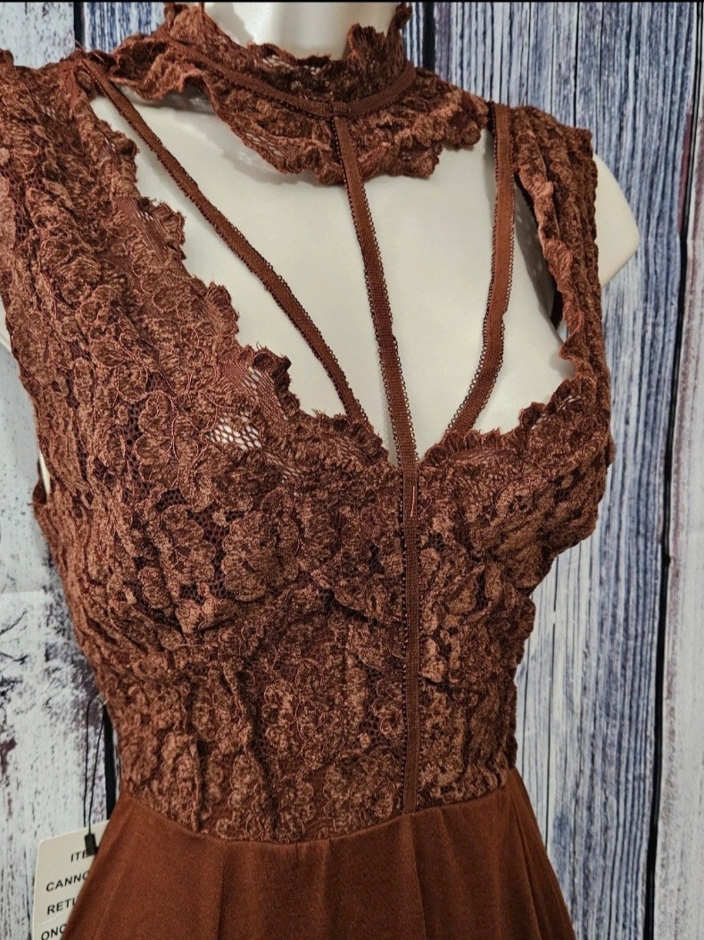 Joyfolie Brown Lace Midi Dress with Strappy Choker Detail - Picture 2 of 4